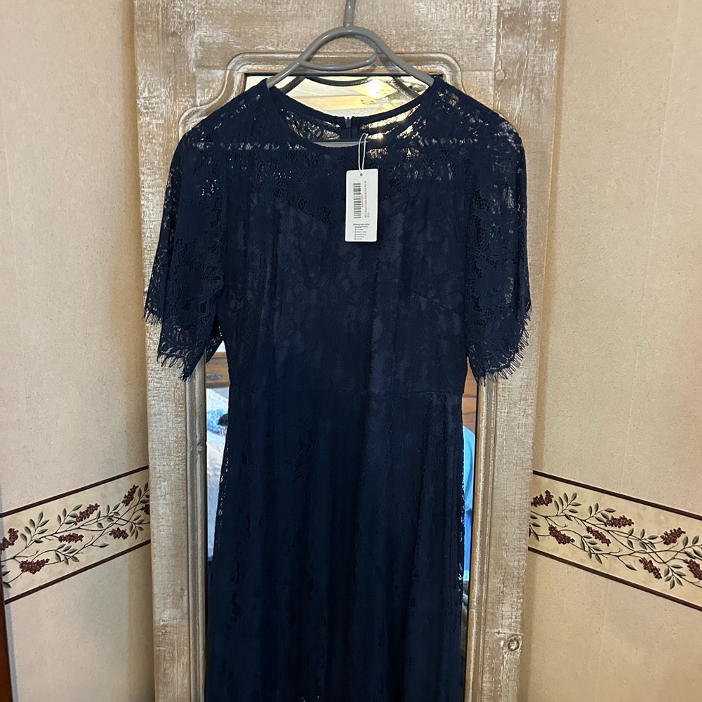 Elegant Navy Lace Midi Dress - Unbranded